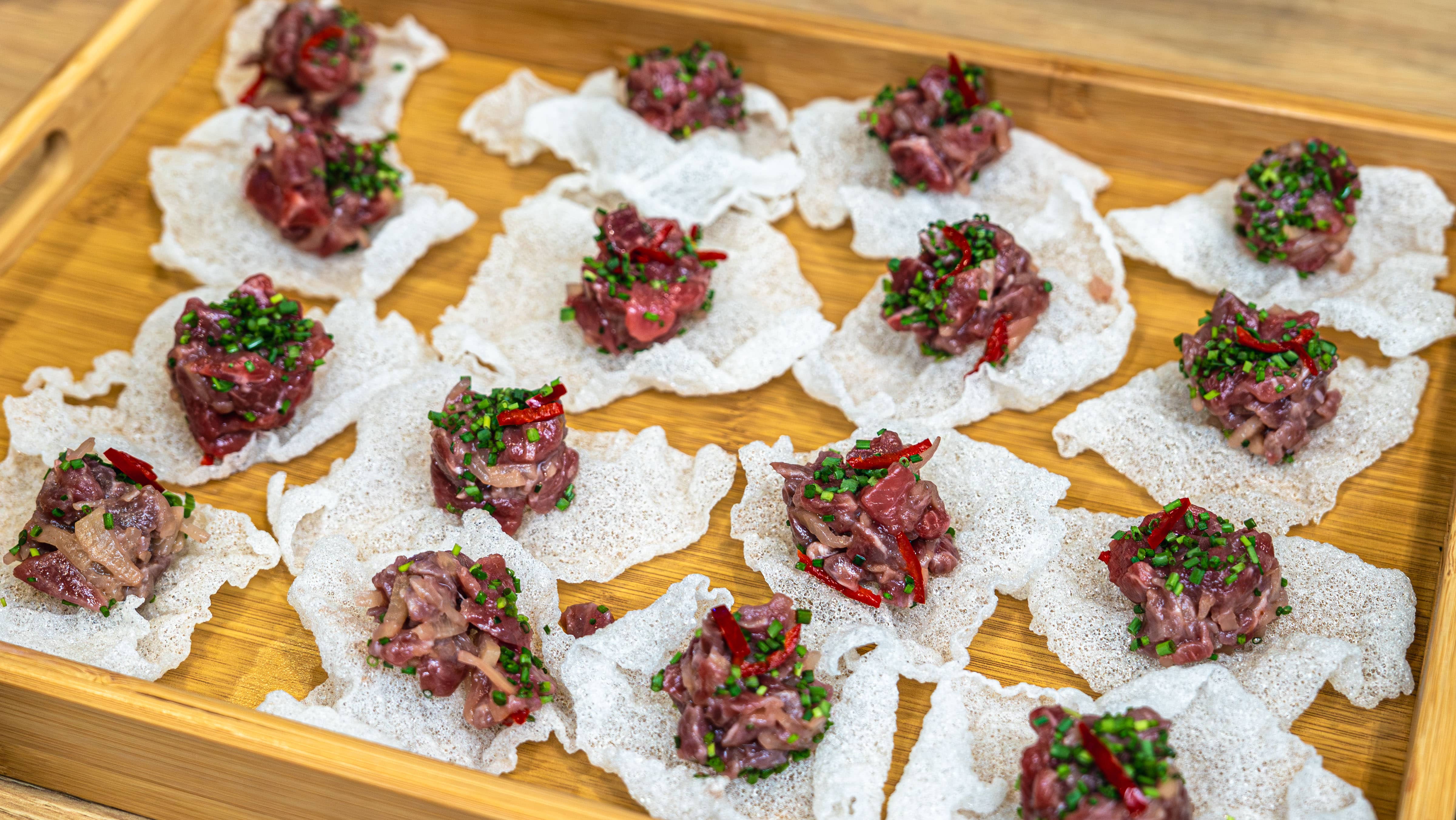 Lamb Ceviche on Crispy Rice Cracker